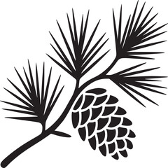 Illustration of a pine branch with needles and a pine cone in black silhouette on a white background