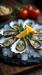A beautifully styled platter of fresh oysters on ice, garnished with fresh herbs and lemon wedges. Perfect as a delicacy or for fine dining presentations, emphasizing elegance and freshness