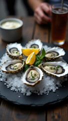 A beautifully styled platter of fresh oysters on ice, garnished with fresh herbs and lemon wedges. Perfect as a delicacy or for fine dining presentations, emphasizing elegance and freshness
