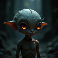 A fantastical portrayal of a tiny alien creature with glowing eyes and a mystical appearance, standing in a dark, enchanting forest