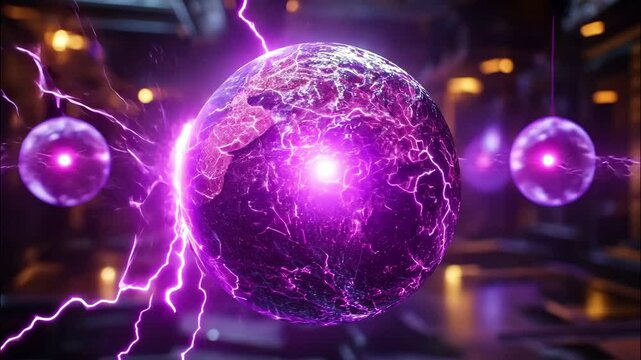 Glowing purple energy sphere floating in dark space, with electric lightning bolts and cosmic textures surrounding its vibrant core. 