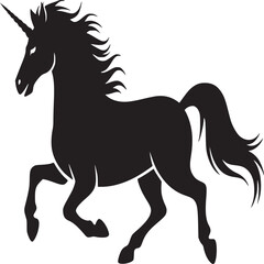 Black silhouette of a unicorn galloping with flowing mane and tail on a white background design