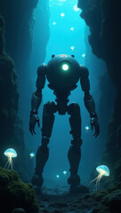 A fascinating scene of a futuristic robot walking underwater, conveying science fiction themes and the mysteries of ocean exploration