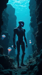 A fascinating scene of a futuristic robot walking underwater amidst glowing blue jellyfish, conveying science fiction themes and the mysteries of ocean exploration
