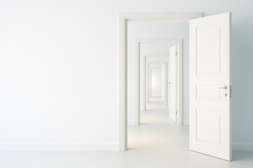An endless corridor of open white doors. Space for text.