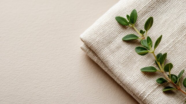 Fresh thyme rests on a minimalist dish towel reflecting a simple eco friendly lifestyle vibe.