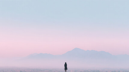 minimalist portrait of person standing against urban sprawl of iran during soft twilight
