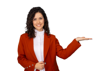 Professional manager wearing white shirt, red jacket, gesturing and smiling during presentation, studio lighting on transparent backdrop