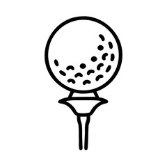Golf ball resting on tee in simple line art design, icon, vector  