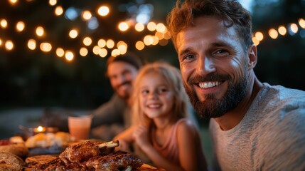 A joyful family enjoying a meal together outdoors under string lights, radiating warmth, connection, and the pleasure of shared experiences during a festive gathering.