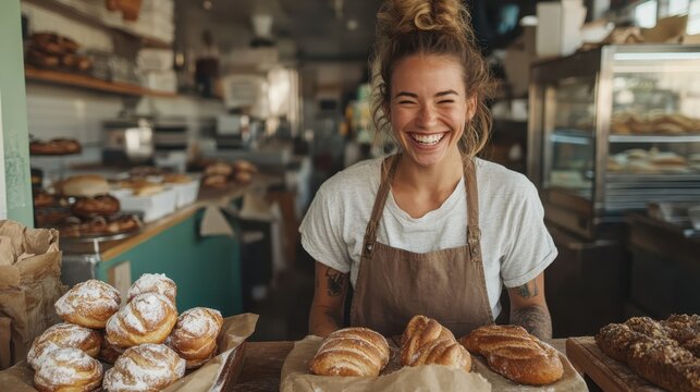 A joyful baker stands behind a counter filled with fresh pastries, wearing an apron and a big smile, embodying the warmth and passion of baking in a vibrant bakery environment.