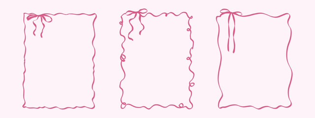 Whimsical wedding frames. Hand drawn coquette borders with ribbon and bow in simple crayon and sketch style. Trendy art for bachelorette party and wedding invitations. Doodle vector illustration