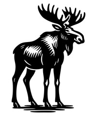 Fototapeta premium Black SVG linocut-style illustration of a moose with large antlers, isolated on transparent background. Vintage wildlife art perfect for print and design.