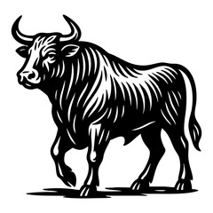 Fototapeta premium Black linocut-style SVG of a powerful bull in profile view, isolated on transparent background. Ideal for print, farming designs, tattoo art, and strong animal branding.