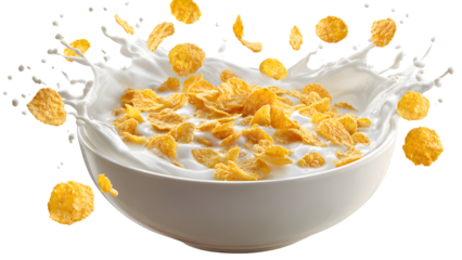 Golden cornflakes splash into creamy milk, isolated on transparent background, creating a delightful breakfast scene