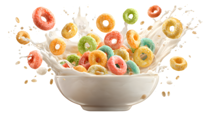 A vibrant splash of milk erupts as colorful cereal rings land in a bowl, isolated on transparent background