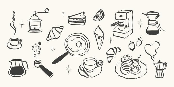 Whimsical breakfast doodles. Vintage hand drawn icons with la dolce vita aesthetic in simple crayon and sketch style. Trendy art for menus and dinner brunch invitations. Outline vector illustration