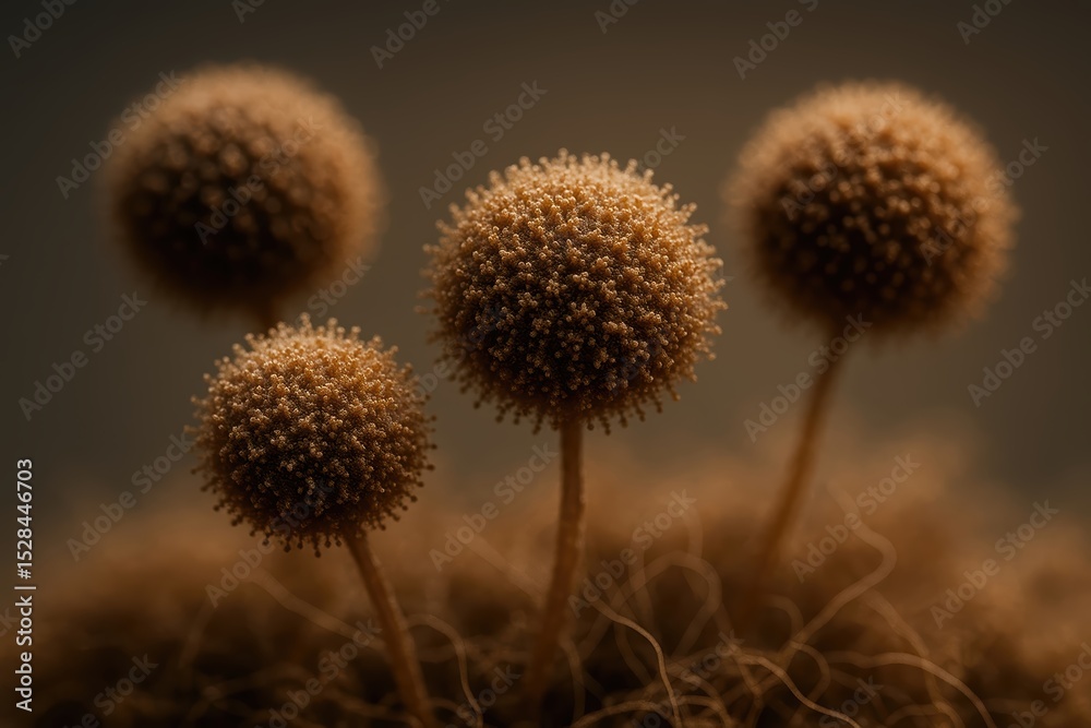 Poster dust spores dance in soft light revealing intricate details and textures in a natural setting