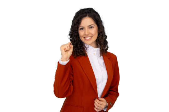 Smiling professional woman signaling approval with hand gesture, standing against transparent backdrop - Powered by Adobe