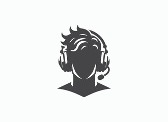 Modern Gaming Headset Logo with Silhouette of Gamer, Bold Black and White Esports Design, Streamer Headphone Icon