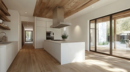 A beautifully bright modern kitchen featuring sleek white cabinetry and wooden accents, showcasing a harmonious blend of style and functionality in a welcoming space.