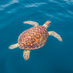 Fototapeta premium A magnificent sea turtle, with a beautifully patterned shell, glides gracefully through clear, calm blue ocean water