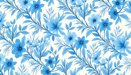 Intricate Vintage Porcelain Style Blue Floral Design on Cream for Fabric Printing, Luxury Invitations, and Packaging Decoration