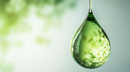 Luminous Green Water Drop Suspended in Midair with Clear Background