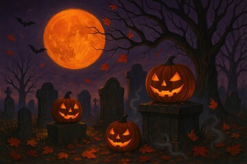 Fototapeta premium Spooky Halloween Night With Glowing Jack-O-Lanterns in an Eerie Graveyard Under a Full Moon