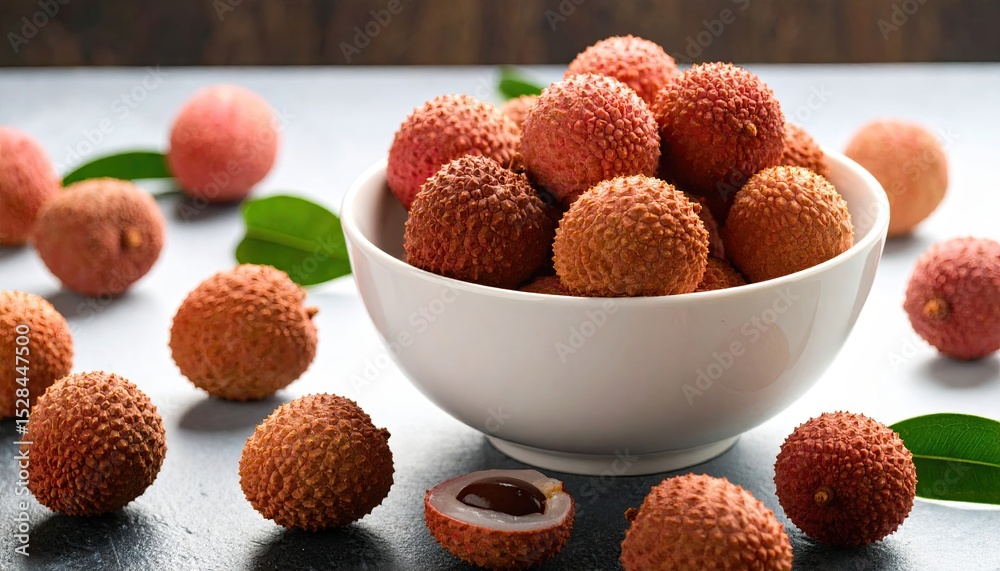 Aufkleber fresh lychee fruits arranged in a bowl on a rustic table with green leaves