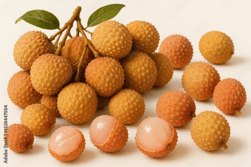 Poster fresh lychee fruits displayed artistically on a white background showcasing their unique texture