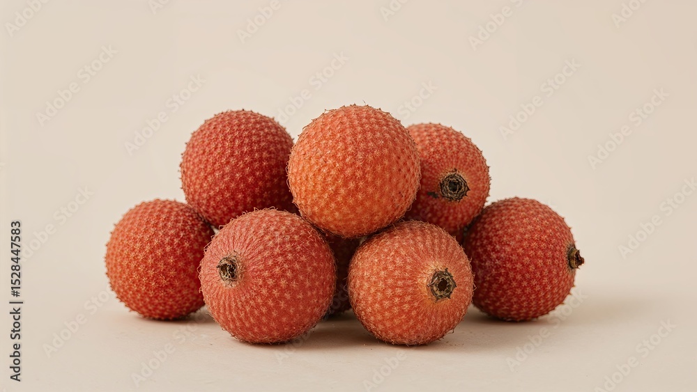 Poster fresh lychee fruits stacked on a light background showcasing their textured skin and vibrant color