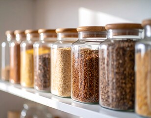 Estanter&iacute;a con frascos de vidrio llenos de granos, especias, estilo minimalista.