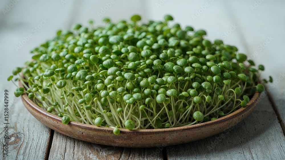 Poster fresh microgreens arranged neatly on a wooden plate on a rustic table
