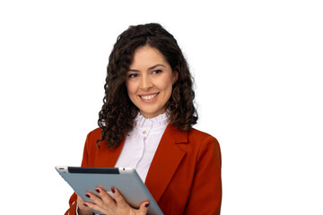 Professional businesswoman wearing red blazer, gripping tablet, smiling confidently against...