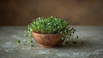 Fresh Green Plants in a Wooden Bowl on a Rustic Surface Creating a Serene Atmosphere