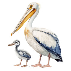 A Mother Pelican With Her Kid, watercolor drawing vector, high quality, isolated on a white background.