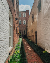 Narrow brick alleyway with vintage brick walls, windows, black sconces, red brick path, urban architecture, hidden walkway, historic building exterior, downtown city scene with green plants and sunlig