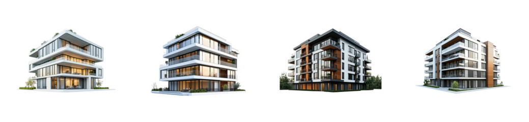 Obraz premium Modern apartment designs showcase urban area architectural images. Cut out png set