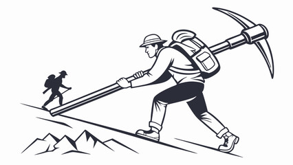 Vector illustration of two hikers with a pickaxe on a mountain