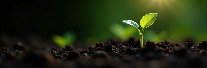 Delicate green sprouts emerge from rich soil, bathed in soft morning light against a stark black backdrop , ecology, background, green