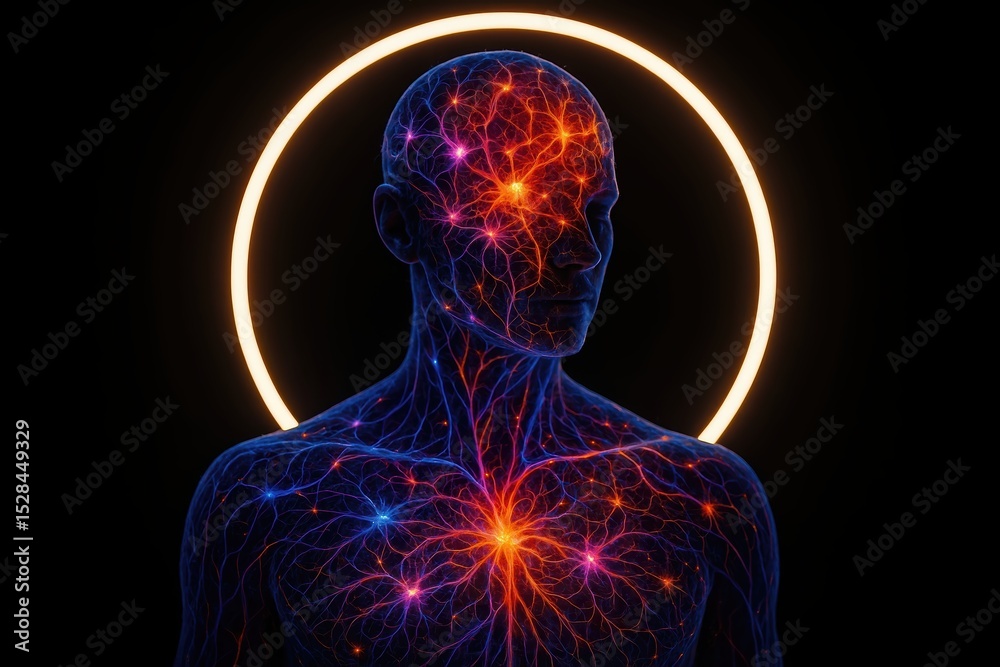Poster neural pathways illuminate a calm person reflecting neuroplasticity and positive mind states