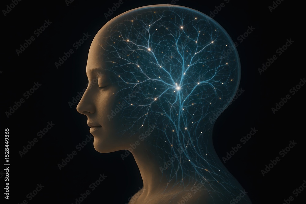Poster neural pathways illustrate calmness and neuroplasticity in a tranquil person at night