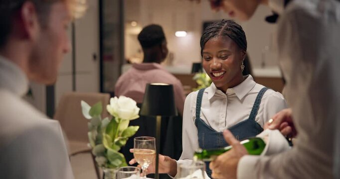 Date, wine and waiter with couple in restaurant for conversation, support and fine dining. Honeymoon, talking and partner with man and woman at romantic dinner for trust, hospitality and love