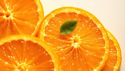 Vibrant Orange Slices with Green Leaf, Fresh Citrus Fruit, Close-Up View.