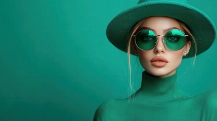 A striking fashion portrait featuring a model wearing bold green attire and stylish accessories, exuding confidence and modern elegance against a vibrant backdrop.