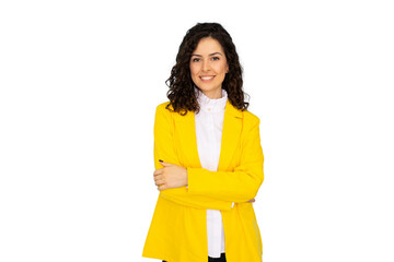 Portrait of a confident young manager smiling with arms crossed, showcasing professionalism against a transparent background