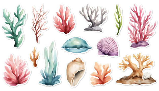 Set of ocean life stickers including coral, seaweed, and seashells.