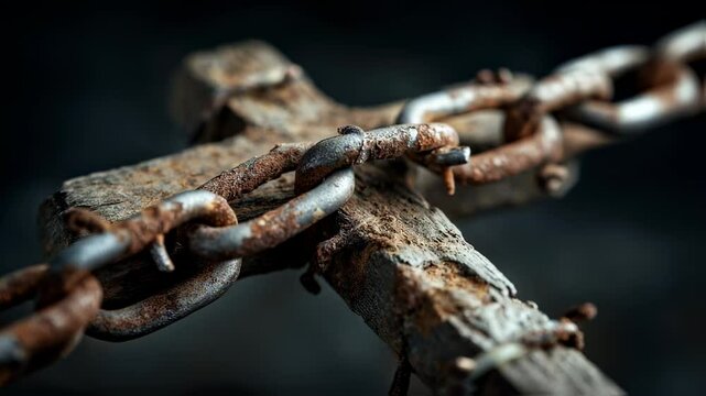 Concept photo of a broken chain wrapped around the cross, symbolizing the freedom and liberation gained through Christs death and resurrection.