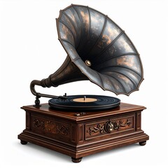 Antique Dark Wood Gramophone with Brass Horn